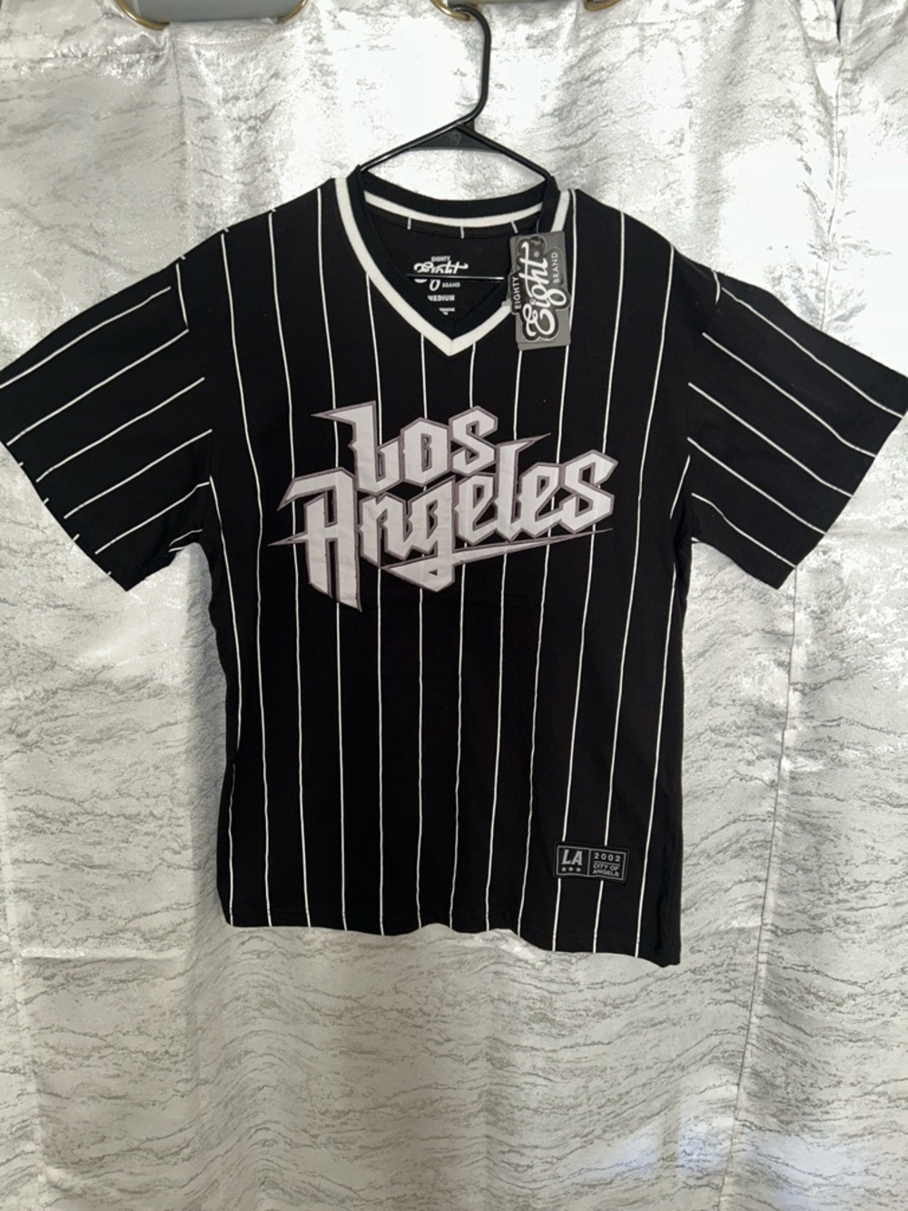 Eighty Eight Black & White Los Angeles Pinstripe V-Neck Tee
